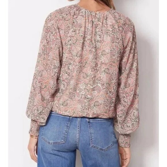 Evereve Boho Celeste Chiffon Smocked Puff Sleeve Blouse Top Pink Floral Small - Picture 5 of 8